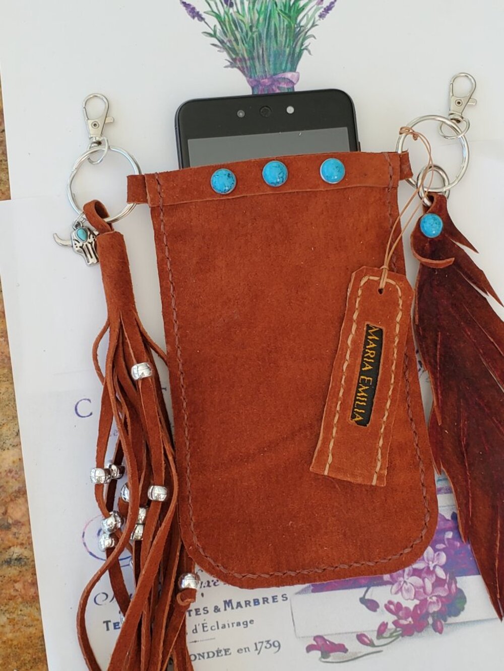 Western‑Boho Hands Free phone carry case - clips to belt loops - 100% leather